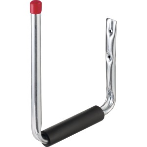 Verzinkter Surfbretthalter für die Wandmontage, mit roter Schutzkappe und Polsterung.