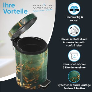 SANILO Kosmetikeimer Greego mit grün-goldenem Muster, offen. Bad-Mülleimer mit Fußpedal und 3L Inneneimer.