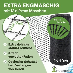 Anthrazitfarbenes Teichschutznetz 2x10m mit Erdankern. Laubnetz und Vogelschutz für Gartenteiche.