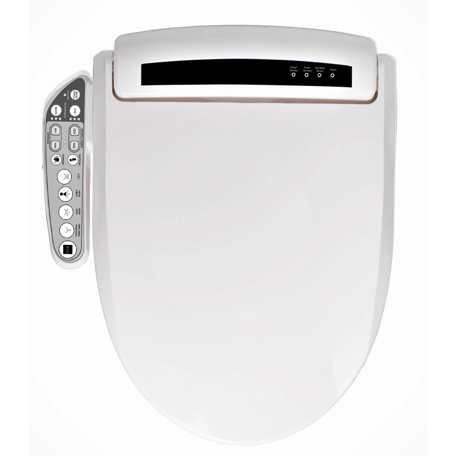 Weißer Jet-Line Komfort-WC-Sitz mit Dusch-, Heiz- und Föhnfunktion, Bedienfeld seitlich.