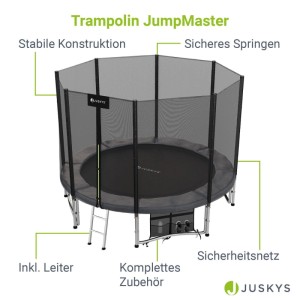 Juskys Gartentrampolin JumpMaster L, schwarz/anthrazit, mit Sicherheitsnetz und Leiter.