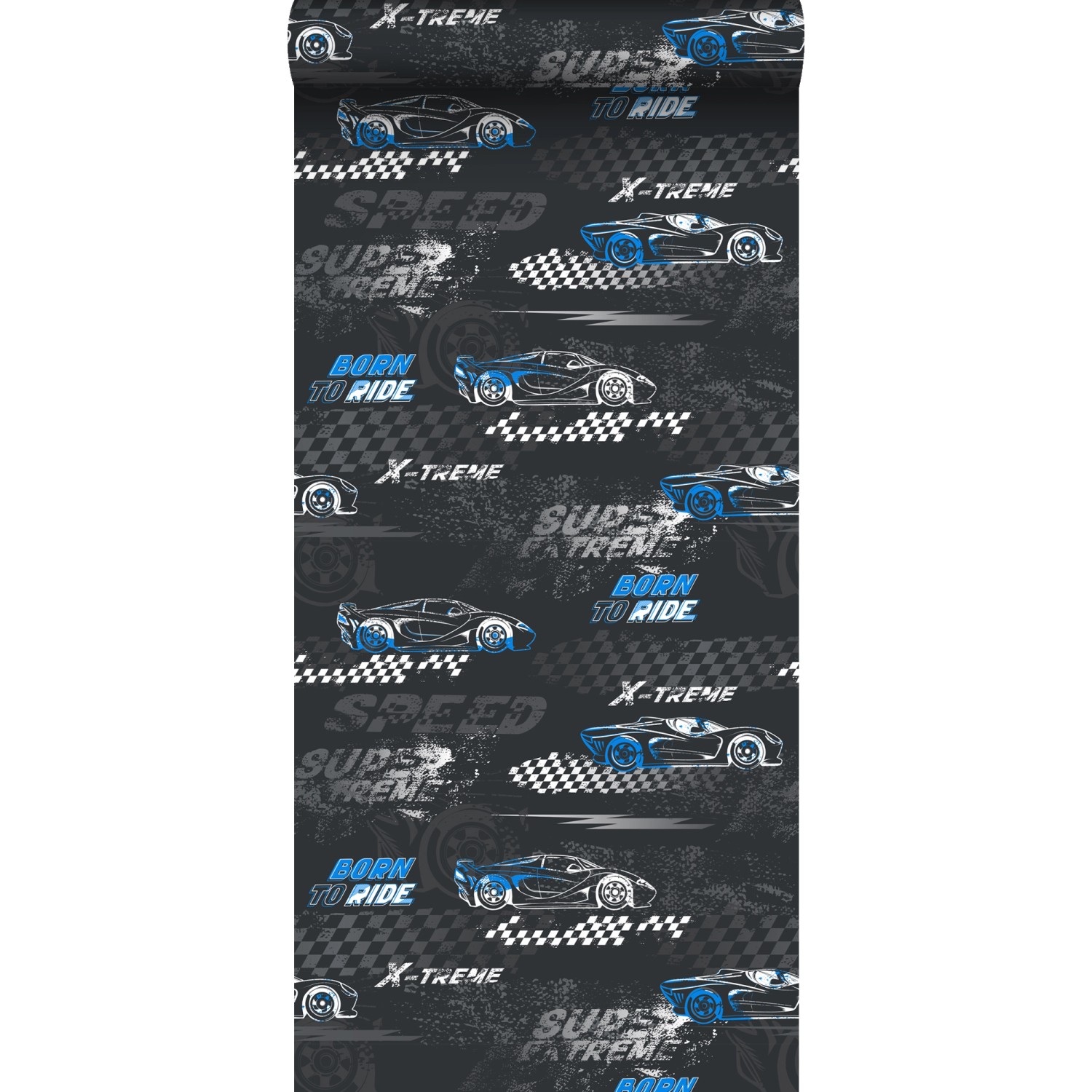 Sanders & Sanders Tapete Rennwagen Blau und Schwarz-Weiß 50 x 900 cm günstig online kaufen