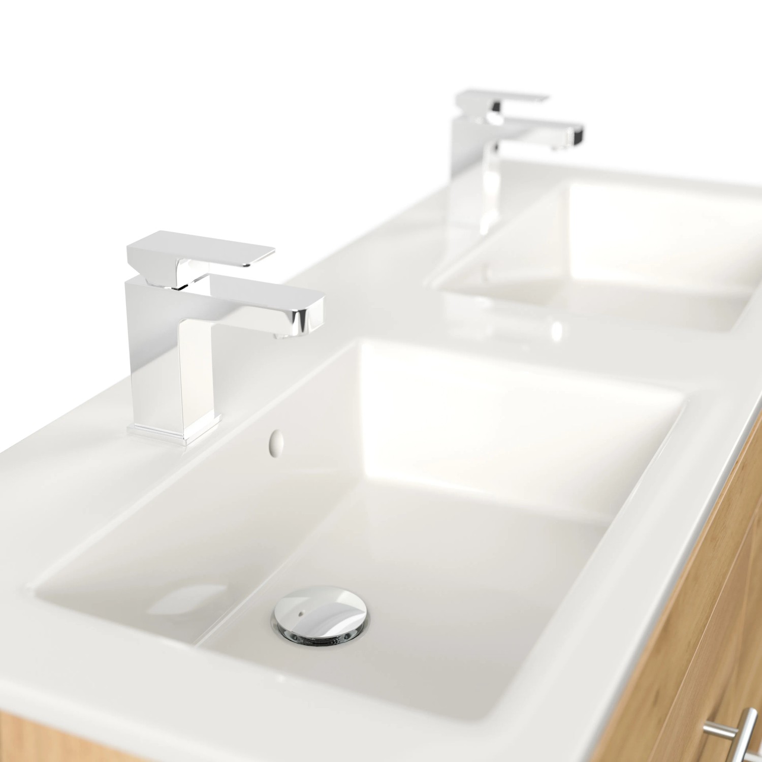 Posseik Badmöbel Homeline 120 Eiche Gold mit Doppelwaschbecken und Armaturen.