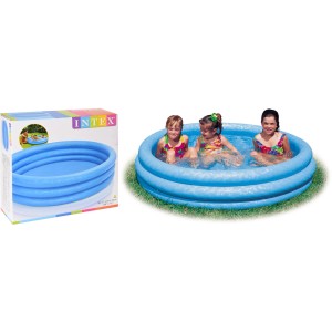 Blaues Planschbecken für Kinder, 147 cm Durchmesser, mit drei Mädchen und Produktverpackung.