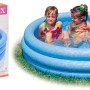 Blaues Planschbecken für Kinder, 147 cm Durchmesser, mit drei Mädchen und Produktverpackung.