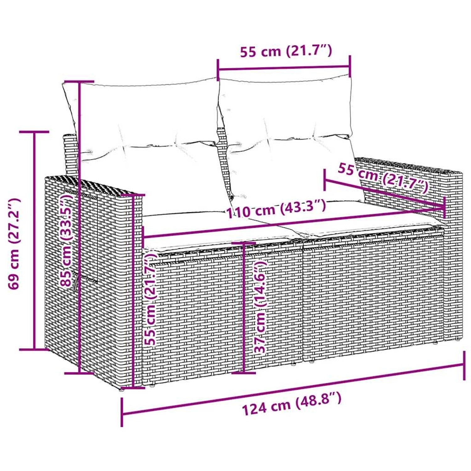 vidaXL Garten-Sofagarnitur, 9-teilig, schwarz, Poly Rattan, mit Maßen. Ideal für Terrasse und Garten.