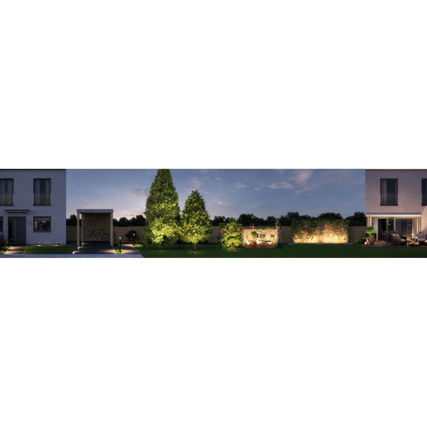 Beleuchteter Garten mit Paulmann Plug & Shine Bodeneinbaustrahlern, warmweißes Licht.