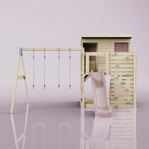 PolarPlay Spielturm Nils mit Schaukel und Rutsche in Altrosa.