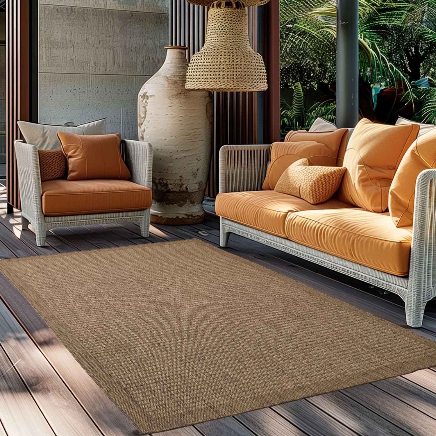 Brauner Ayyildiz Outdoor-Teppich Giza (80x250 cm) auf einer Terrasse mit Möbeln.