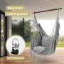 Grauer Hängesessel mit Kissen & Quasten auf Balkon. 360° drehbare Aufhängung. Ideal für Indoor & Outdoor.
