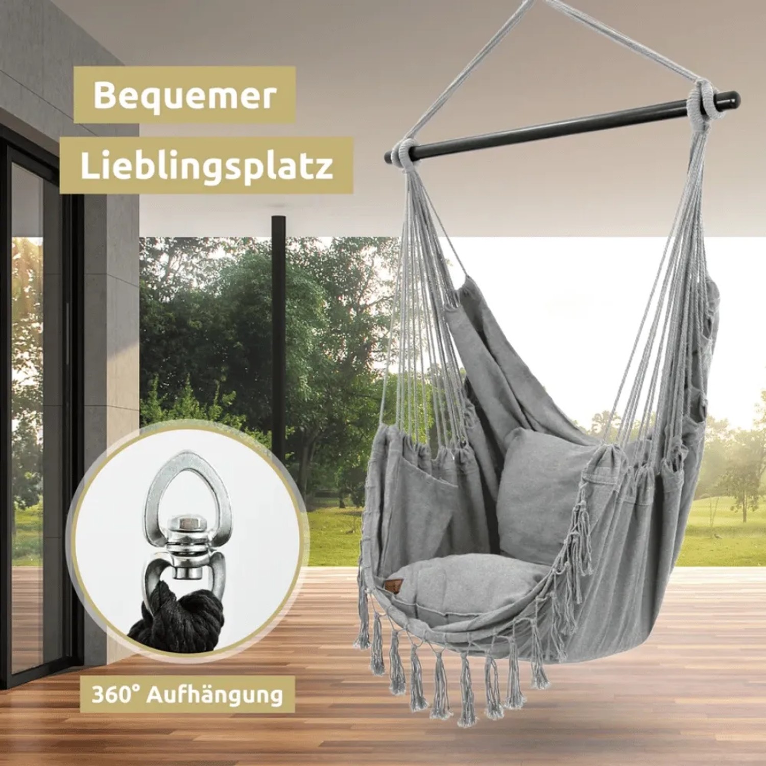 Grauer Hängesessel mit Kissen & Quasten auf Balkon. 360° drehbare Aufhängung. Ideal für Indoor & Outdoor.
