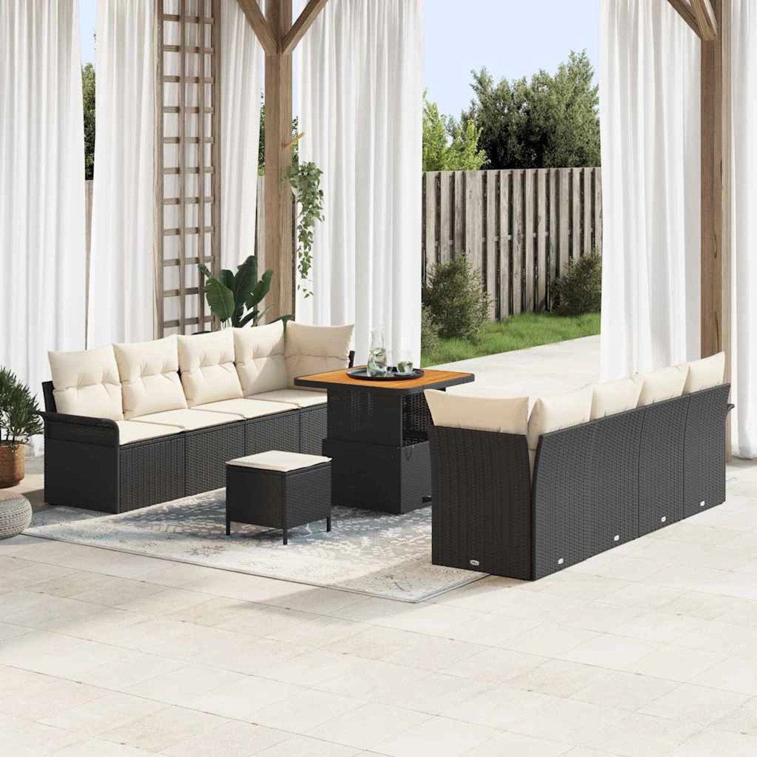 Schwarzes 11-tlg. vidaXL Garten-Sofa-Set aus Poly Rattan mit höhenverstellbarem Tisch.