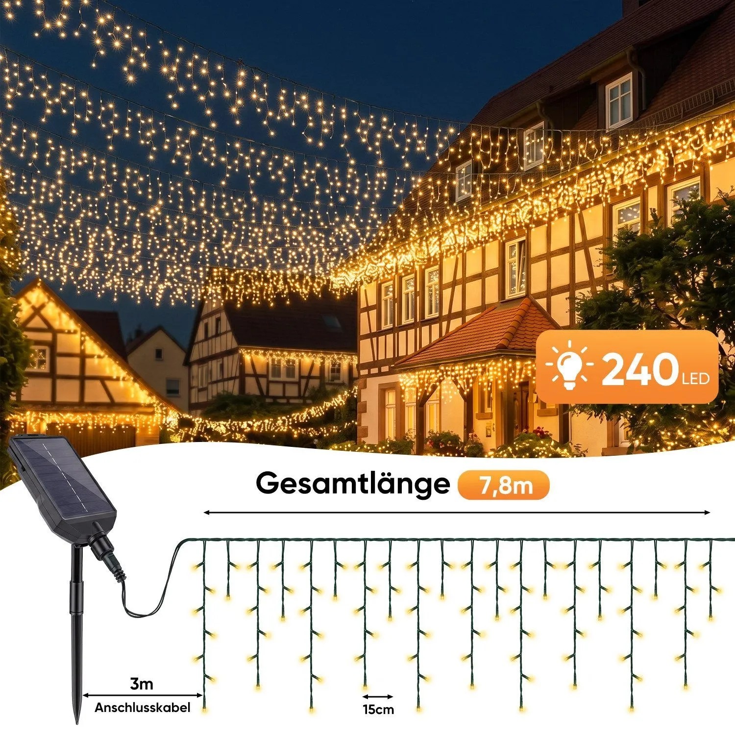 Salcar Solar Eiszapfen-Lichterkette, warmweiß, 7,8m, 240 LEDs, dekoriert ein Haus. Ideal für Weihnachtsbeleuchtung.