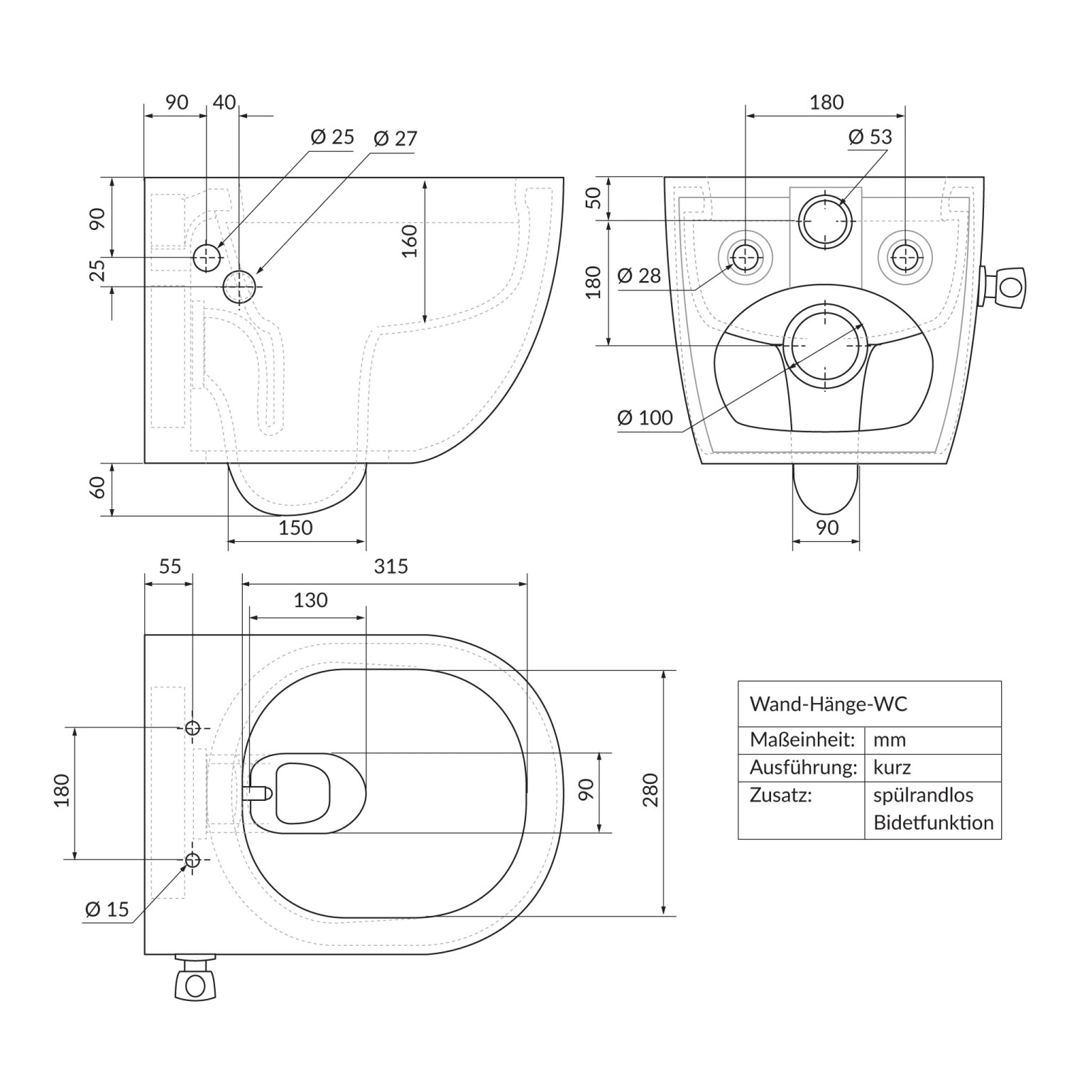Technische Zeichnung: LuxeBath Hänge WC mit Bidet, spülrandlos, kurze Ausführung, Maße in mm.