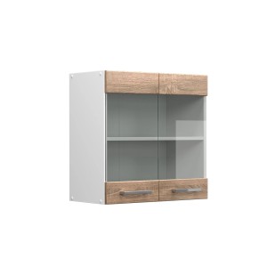 Vicco Küchen Glashängeschrank R-Line, Sonoma/Weiß, 60 cm. Hängevitrine mit Glastüren und zwei Schubladen.