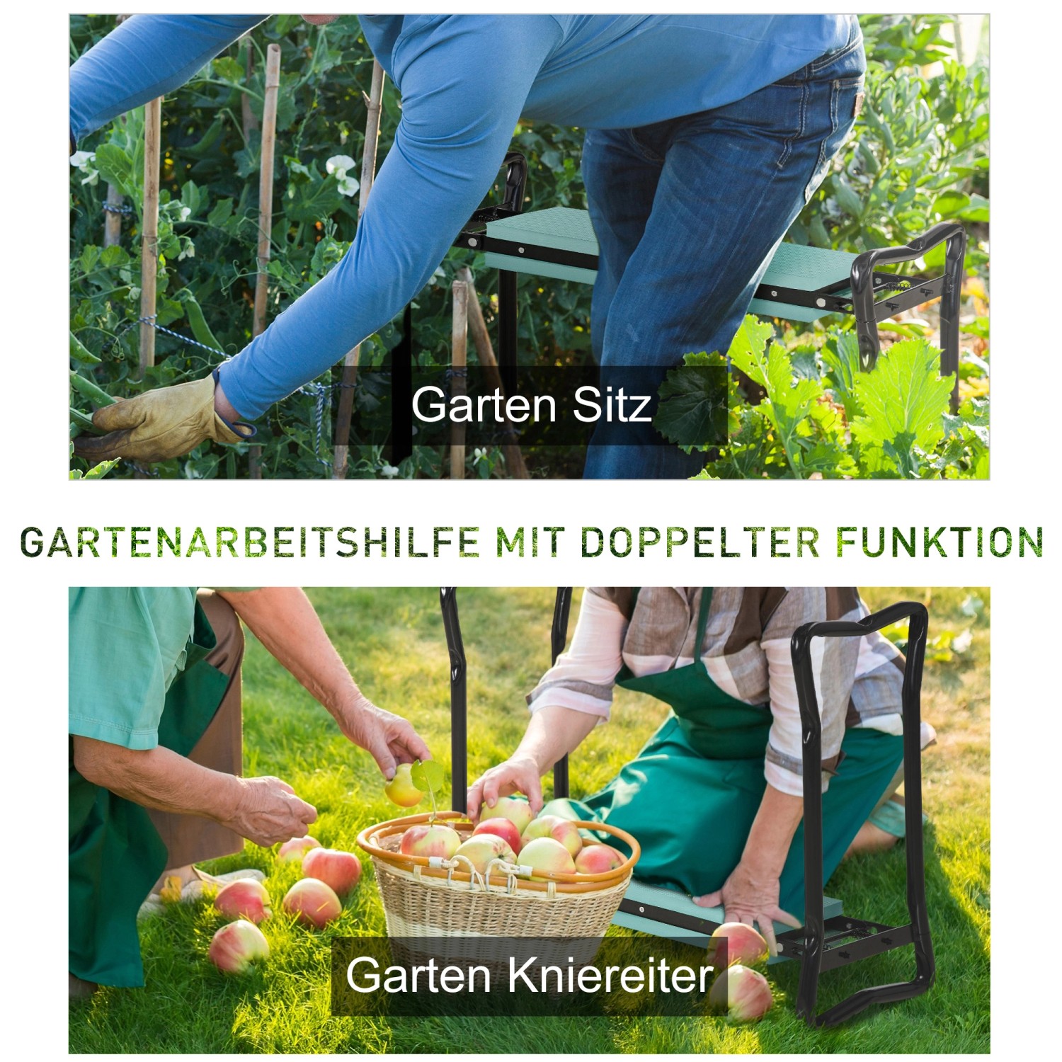 Outsunny Kniebank, klappbar, dunkelgrün, als Sitz oder Kniehilfe für Gartenarbeit.