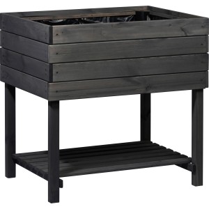 Anthrazitfarbenes Dobar Hochbeet Kubus 2.0 aus Holz mit Ablage und Pflanzfolie.