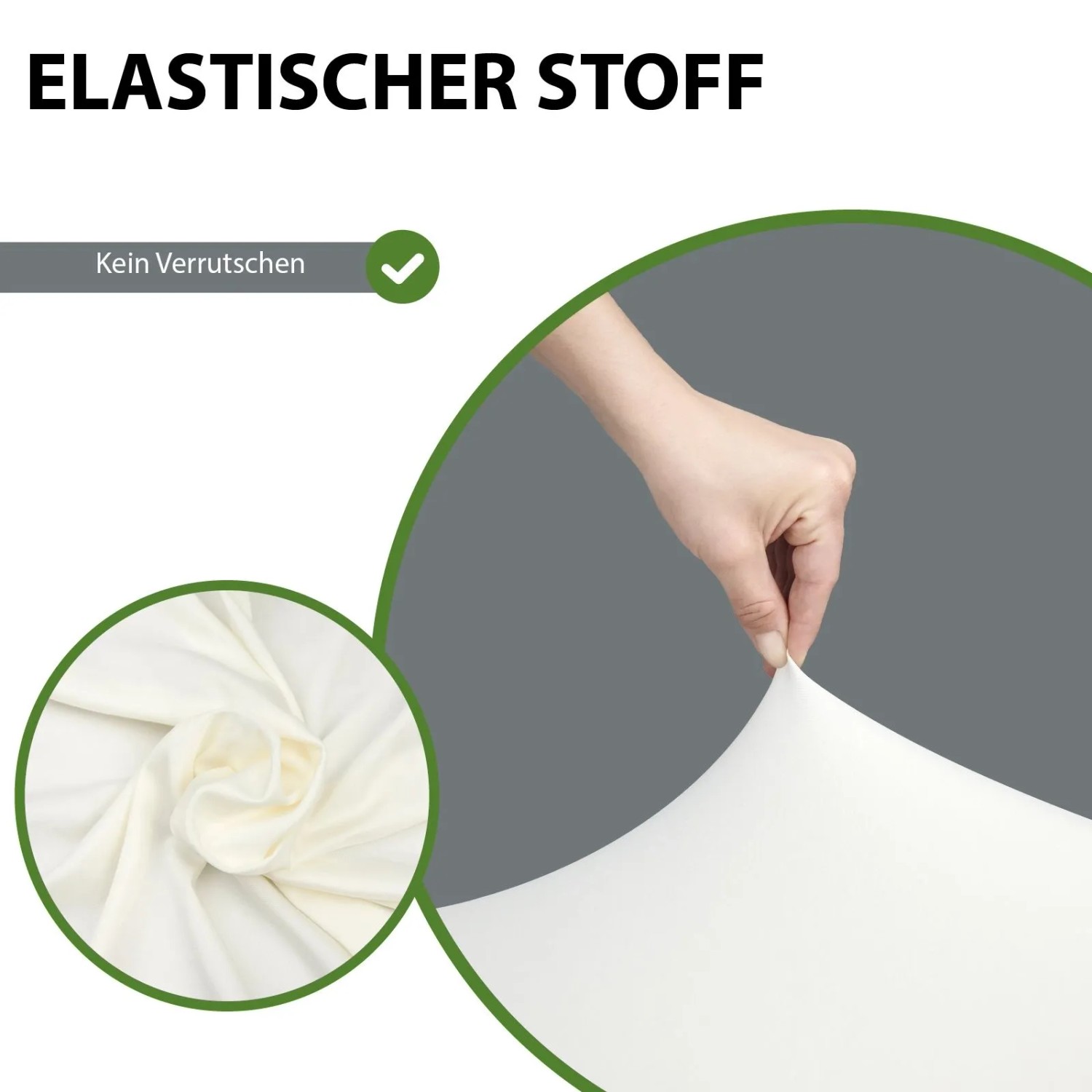 Hand dehnt beige, elastische Stehtischhusse aus Polyestergewebe. Zeigt Stretch-Funktion und faltenfreien Sitz.