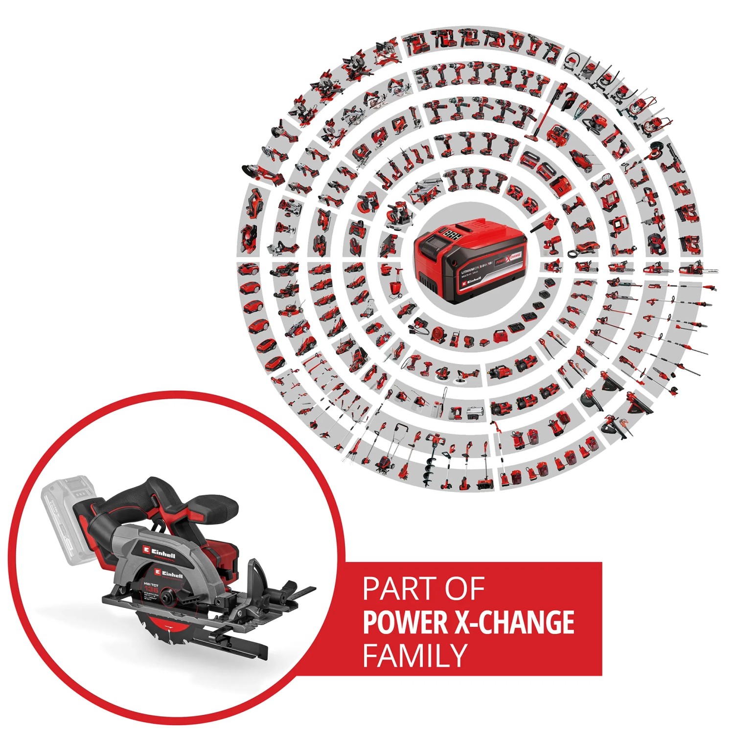 Einhell Akku-Handkreissäge TP-CS 18/136-C Li BL Solo, Teil der Power X-Change Familie.