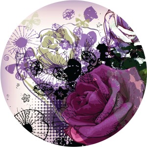 Selbstklebende, runde Tapete mit Blumen in Lila und Rosa, Durchmesser 70 cm.