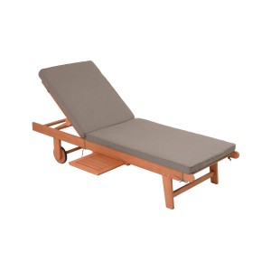 Sonnenliege San Diego aus FSC®-Eukalyptus mit brauner Auflage. Gartenliege mit Ablage und Rädern.