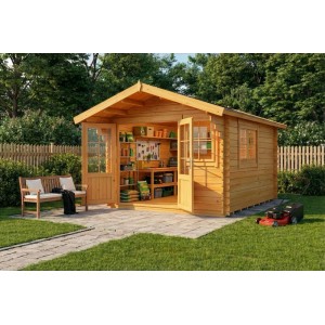 Alpholz Gartenhaus Set Gabriel 338x467cm Imprägniert Pinie 28mm Wandstärke inkl. Boden & Dacheindeckung