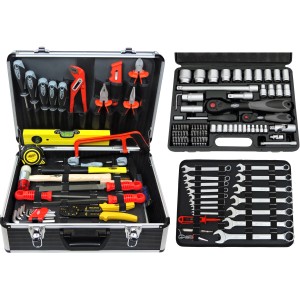 Famex Alu-Werkzeugkoffer mit Werkzeugsortiment und Steckschlüsselsatz, geöffnet dargestellt.