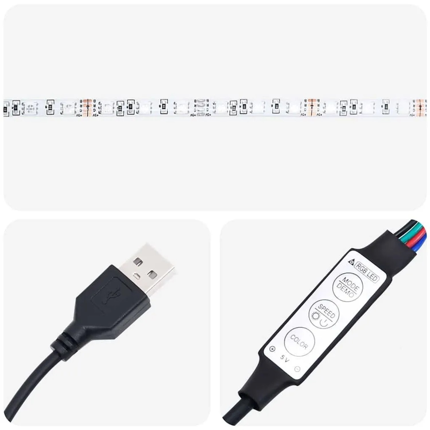 LED-Streifen mit USB-Anschluss und Bedienelement zur Steuerung von Farbe und Geschwindigkeit.