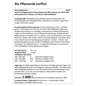 Infotafel: Big Bag Bio Pflanzenerde torffrei 1.000 l - Details zu Inhaltsstoffen und Anwendung.