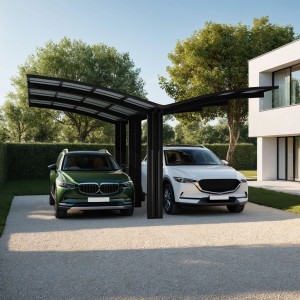 Schwarzes Ximax Alu Doppelcarport Portoforte Typ 110 mit zwei Autos.
