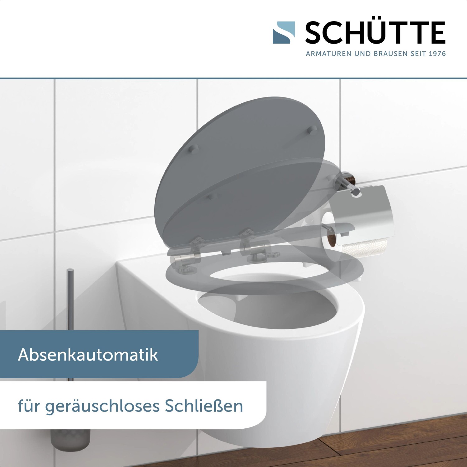 Schütte WC-Sitz MDF Spirit Grey mit Absenkautomatik auf Wand-WC.
