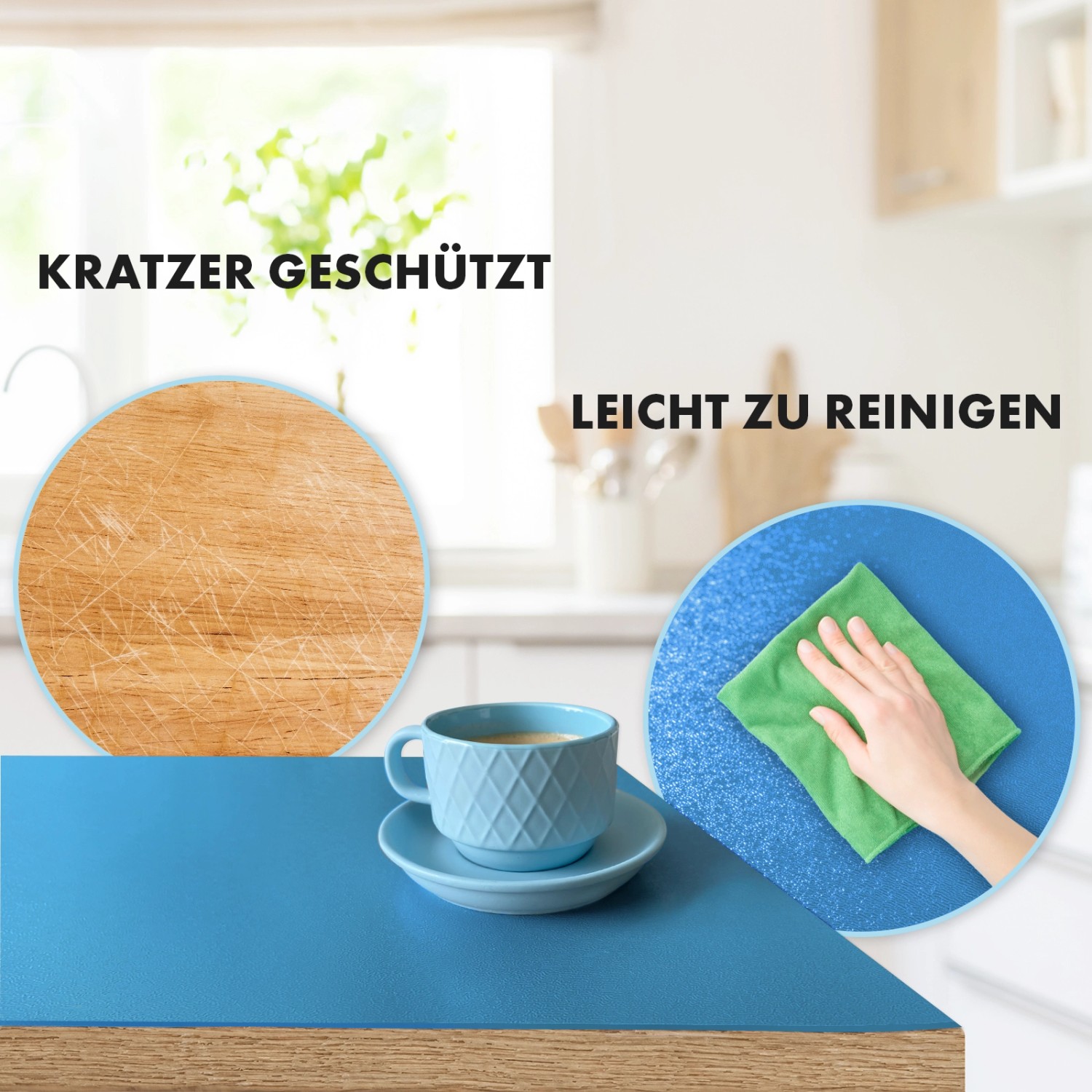 Blaue KARAT Tischfolie Empire, kratzfest und leicht zu reinigen, mit Tasse und Putzlappen auf Tisch.
