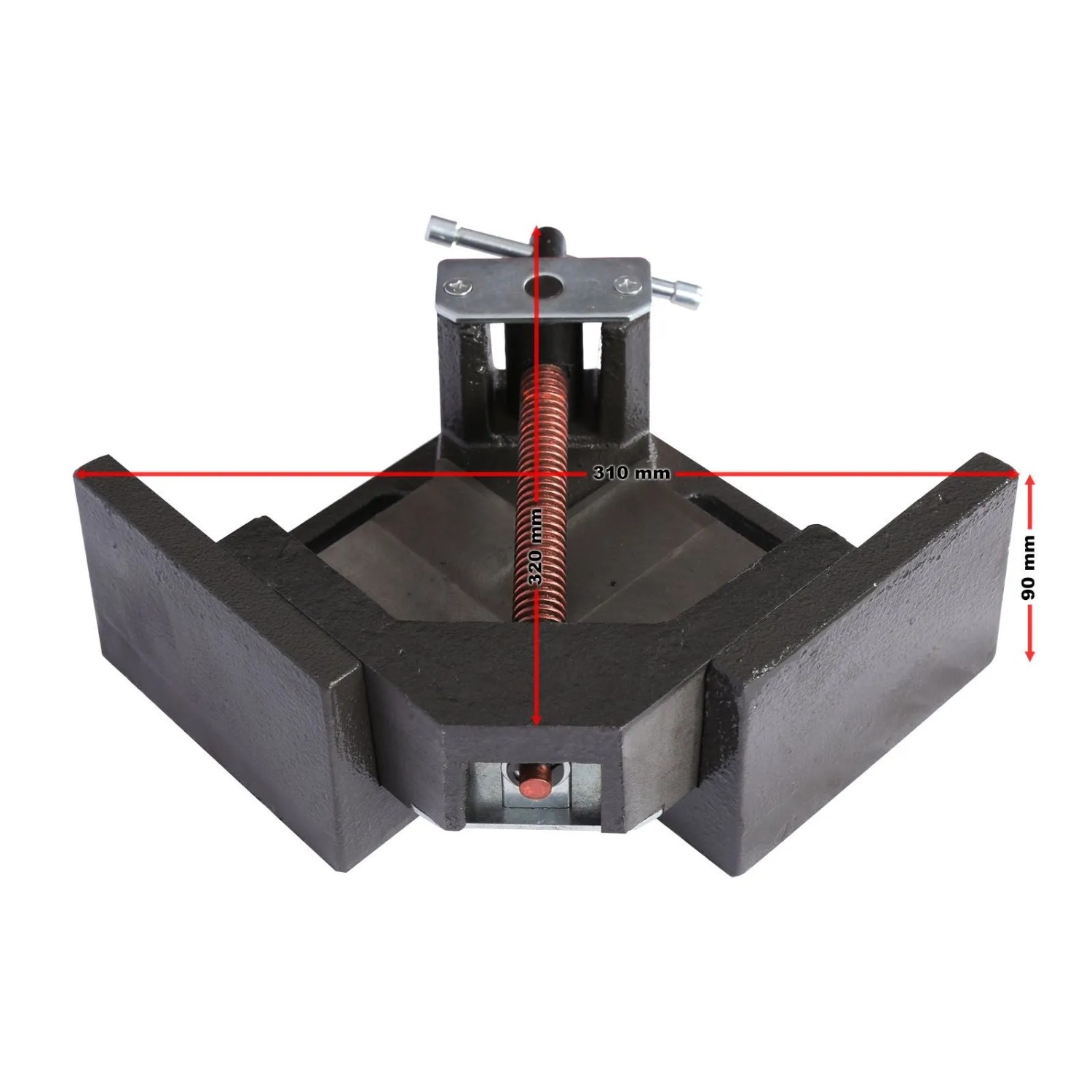 Robuster Wiltec Winkelschraubstock aus Gusseisen für 90°-Winkelarbeiten, mit Maßen 310x320x90mm. Präzise Winkelzwinge.