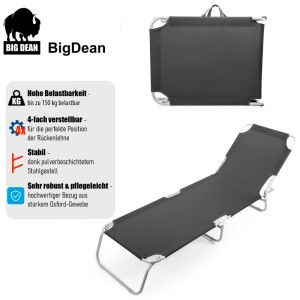 Schwarze BigDean Sonnenliege, klappbar und mit verstellbarer Rückenlehne.