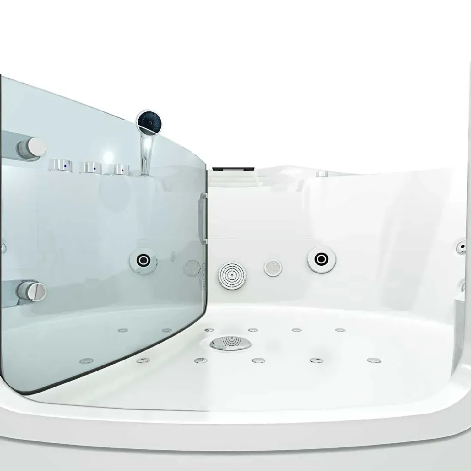 AcquaVapore Eck-Whirlpool W60-SC 140x140 mit Tür, Walk-In, Armaturen und Düsen. Badewanne in Weiß.