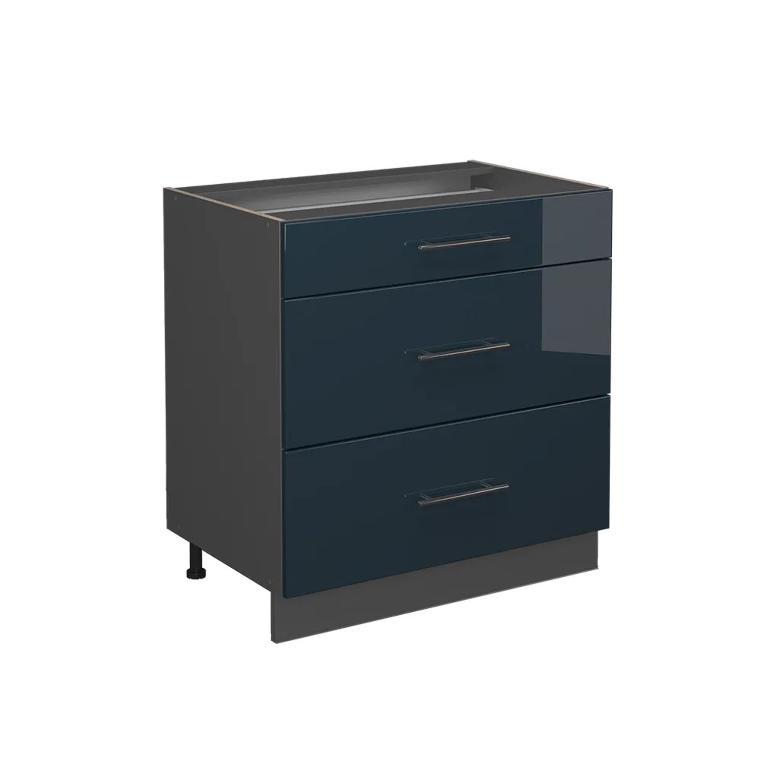 Vicco Küchenunterschrank Fame-Line Dunkelblau Hochglanz/Anthrazit 80 cm mit 3 Schubladen AP Eiche