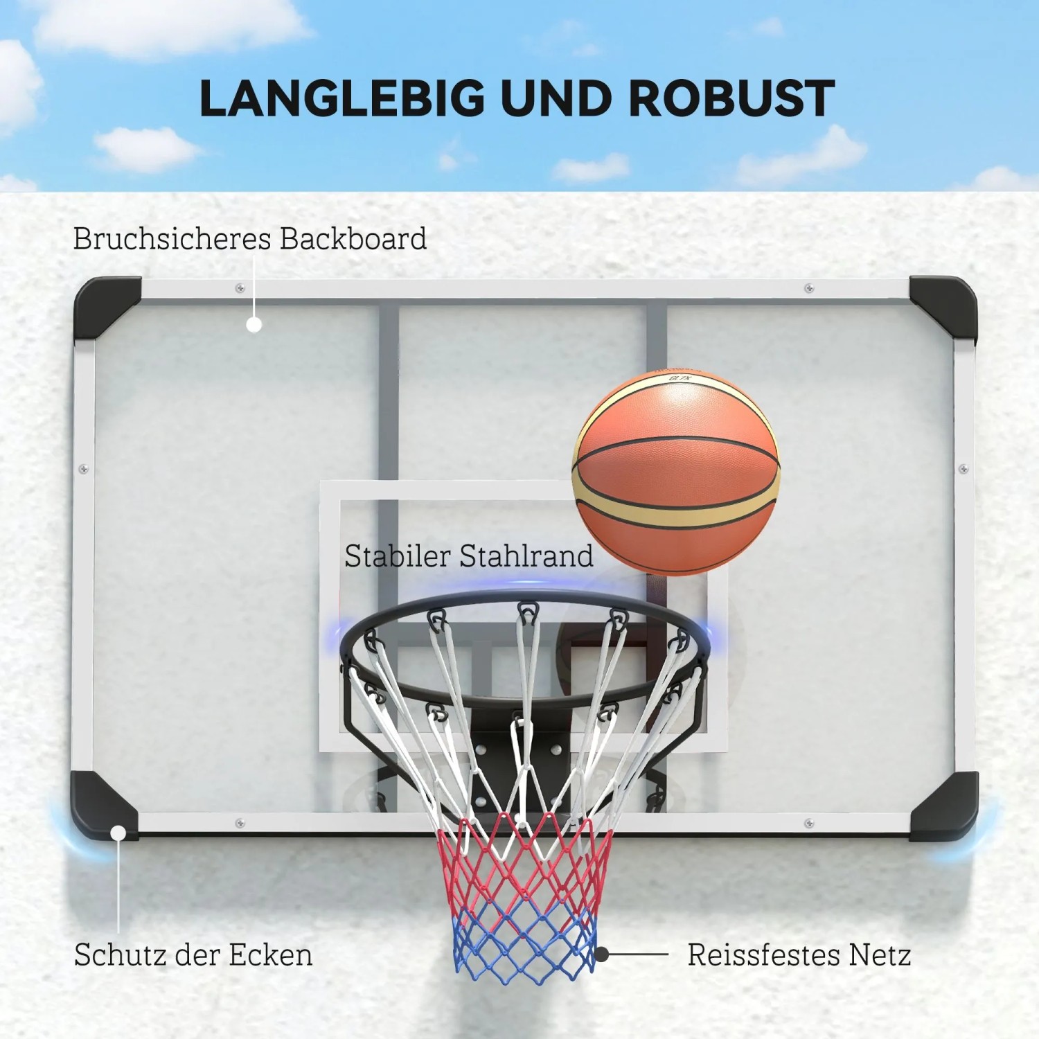 SPORTNOW Basketballkorb zur Wandmontage: transparentes Backboard, schwarzer Stahlrand, reißfestes Netz. Robust & langlebig.