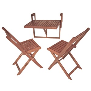 3-teiliges Balkonmöbel Set: Klapptisch zum Einhängen und zwei Holzstühle für den Balkon.