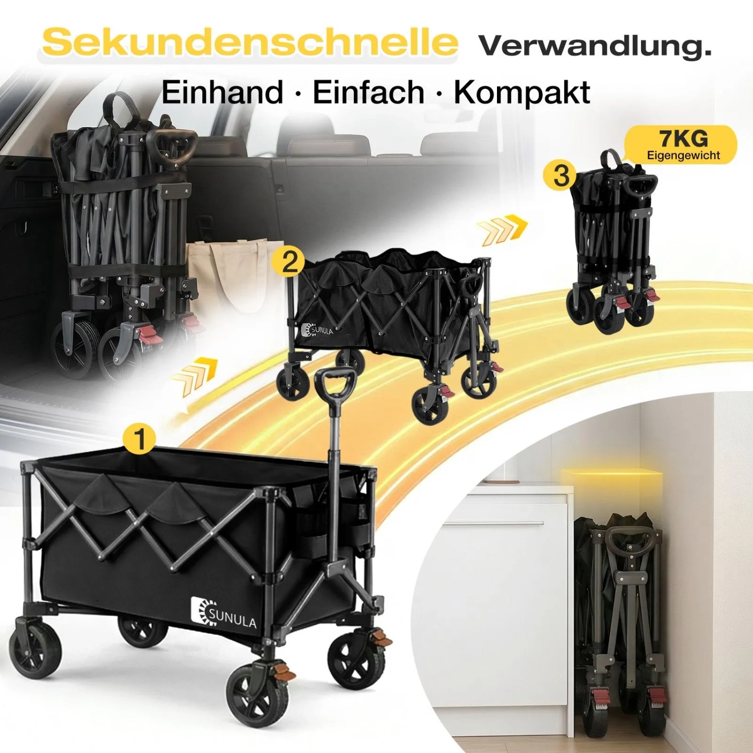 Sekey Bollerwagen, faltbar, schwarz, mit 120 kg Tragkraft, für Camping und Transport.