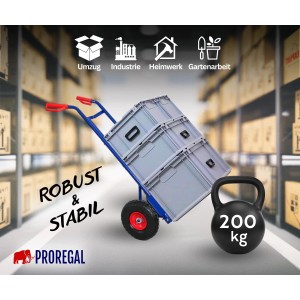 PROREGAL Sackkarre ODIN, klappbar, mit blauen Stahlrahmen, PU-Rädern und 200kg Tragkraft.