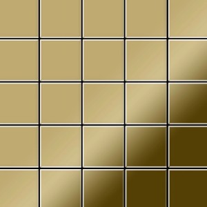 Goldene Mosaikfliesen aus Titan, hochglänzend. Quadratische Metallfliesen für Wand und Boden.