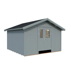 Hellgraues Palmako Gerätehaus Lucas aus Holz mit Doppeltür und Fenster. Ideal als Holz-Gartenhaus.