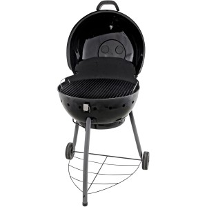 Schwarzer Char-Broil Kettleman Holzkohlegrill mit offenem Deckel und Grillrost.