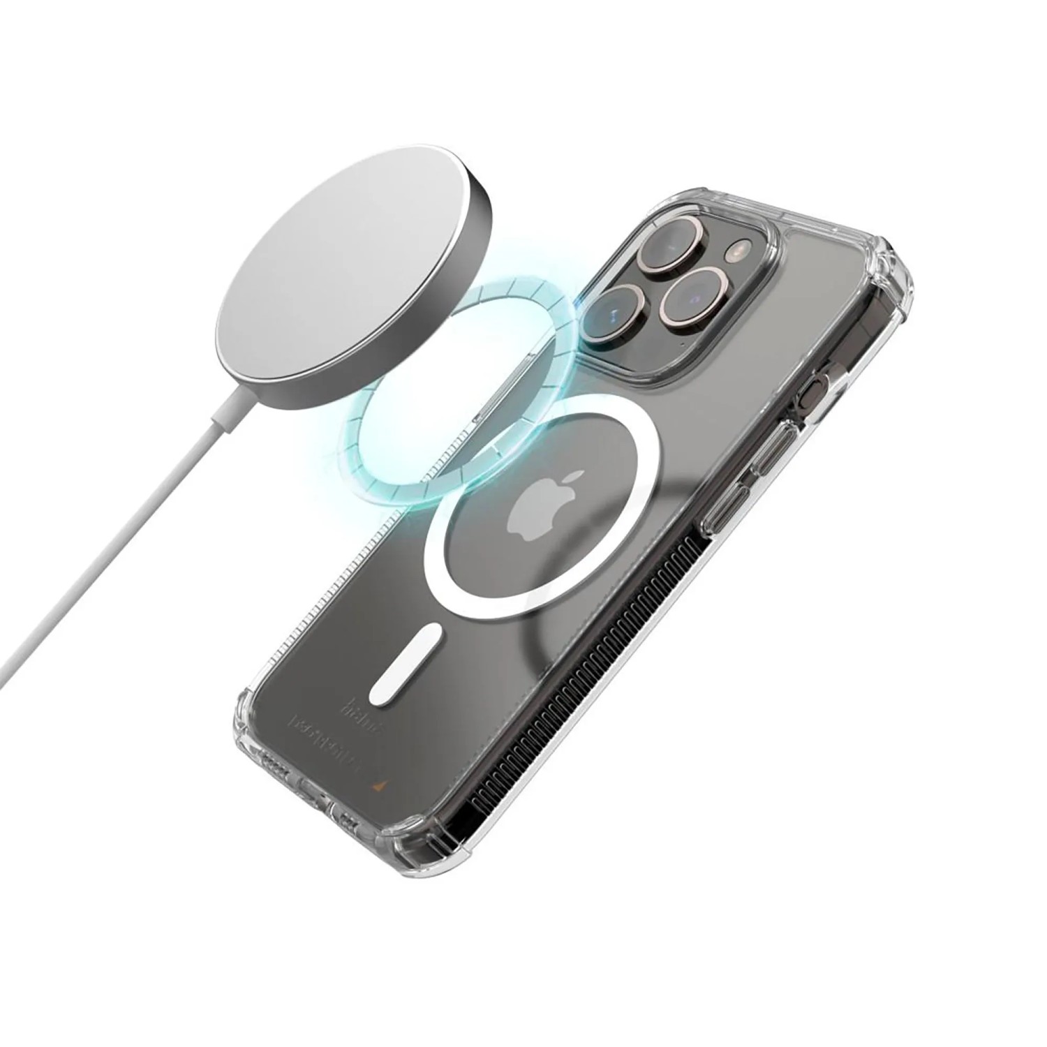 Transparente Hama MagCase Handyhülle für iPhone 15, MagSafe Ladegerät mit blauer Magnetverbindung.