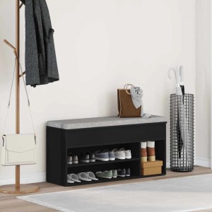 Schwarze vidaXL Schuhbank 102x30,5x45 cm aus Holzwerkstoff mit Schuhen und Deko.