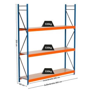 PROREGAL Industrie Weitspannregal Lagerregal MAXIMUS PRO Grundregal HxBxT 300x250x60cm 3 Spanplatten-Fachboden Fachlast 530kg Blau/Orange