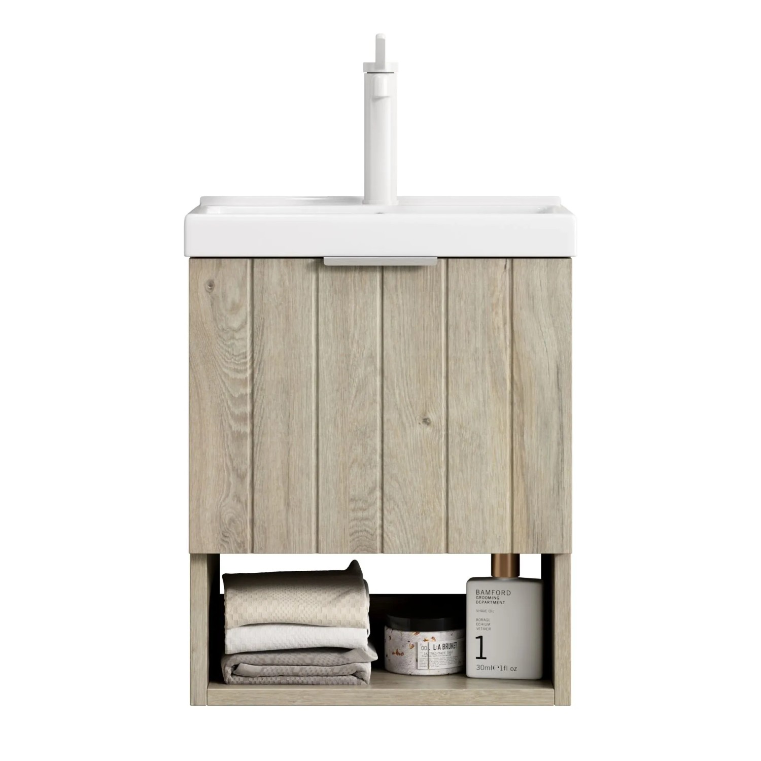 PXloue Badmöbel Waschtisch mit Unterschrank Wandhängend 42 cm  Keramik Waschbecken Doppeltür Eiche Creme