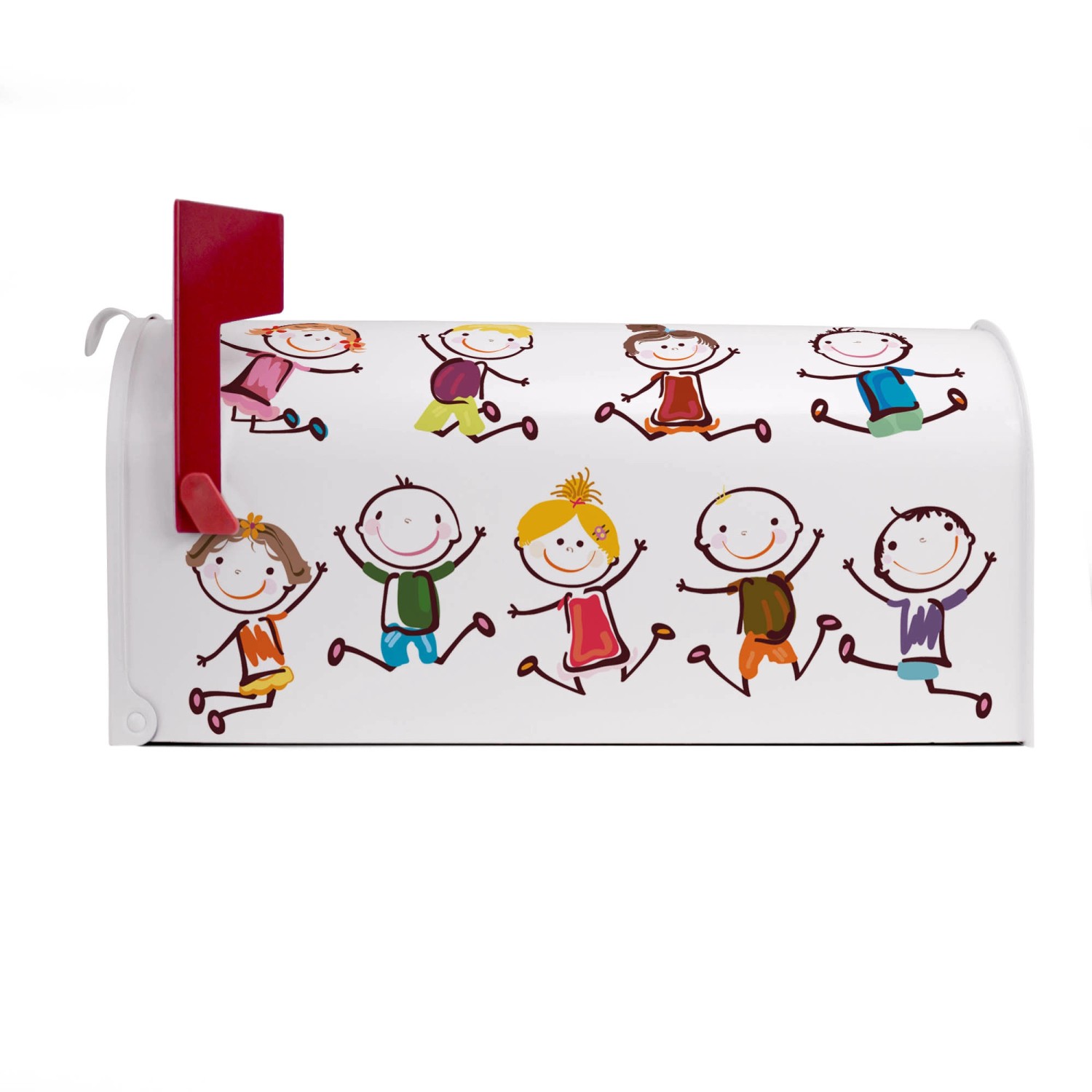 Weißer US Briefkasten mit Happy Kids Motiv. Stahl, pulverbeschichtet, 48x22x16cm.