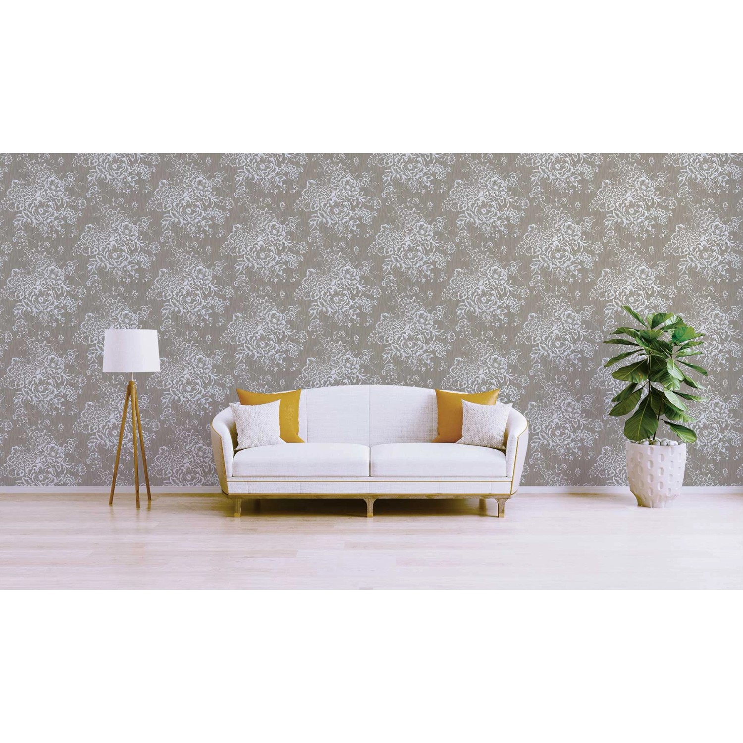 Tadessi Vliestapete Florentin mit Blumenmuster in Silber und Braun.