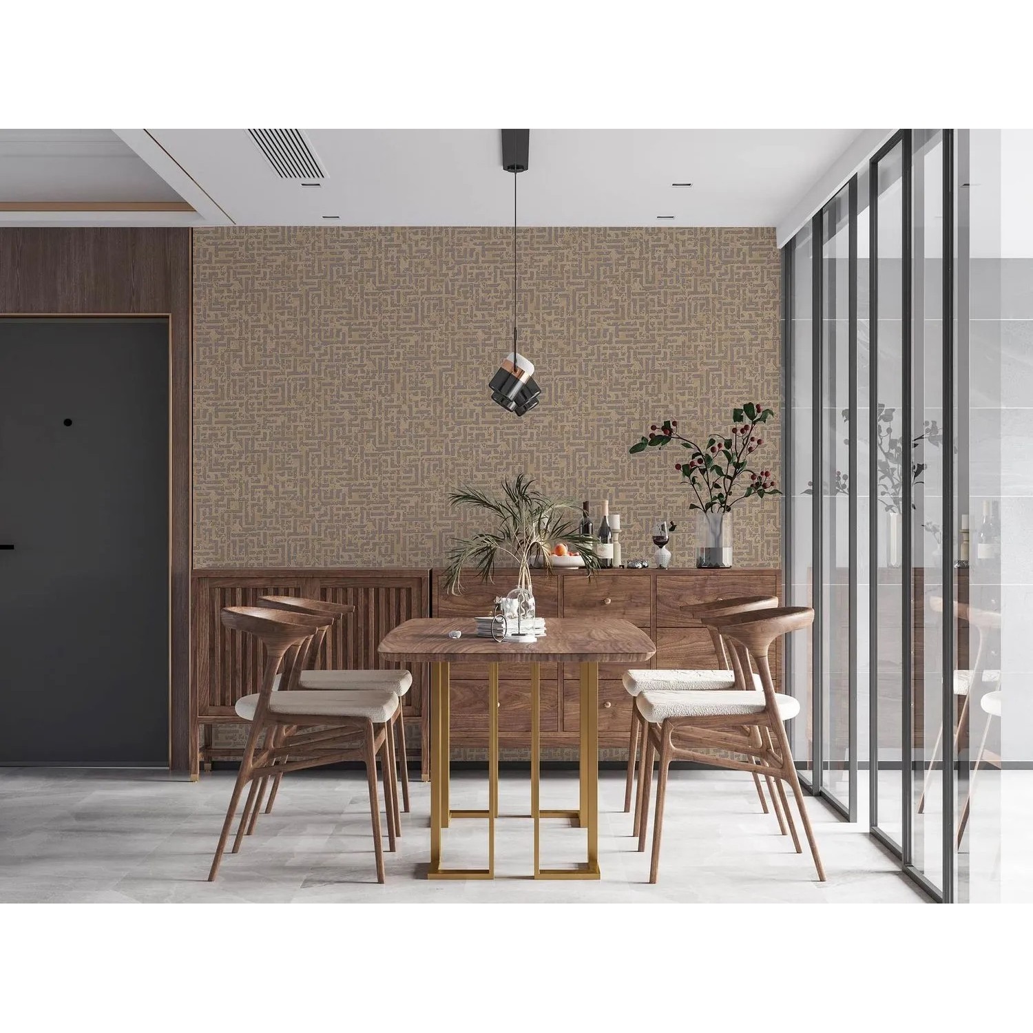 PROFHOME Vliestapete mit grafischem Muster in Braun, Silber und Beige für Wohnräume.